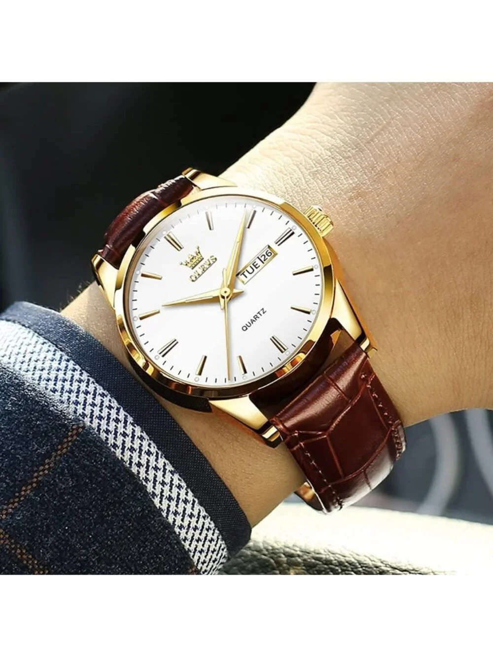 Men's White And Gold Quartz Leather Brown Buckle Waterproof Luminous Round Watch